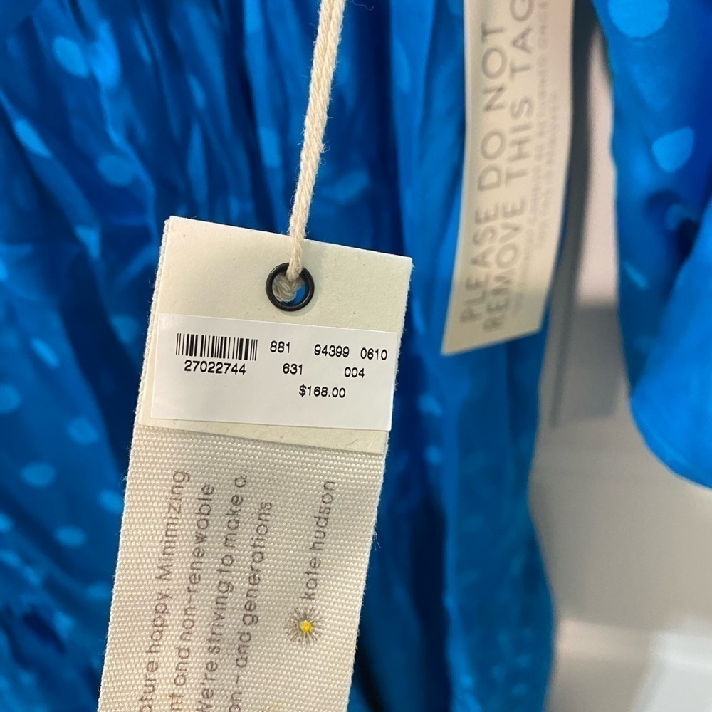 HAPPY NATURE DAYDREAM blue satin maxi dress tiered ruffle polka dot wide sleeve - Picture 8 of 12